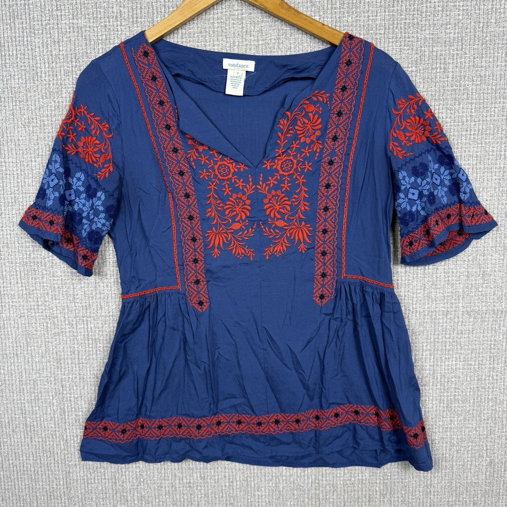 Sundance Embroidered Top Sz S Boho Peasant Hippie Blue Shirt Cottage Fairy